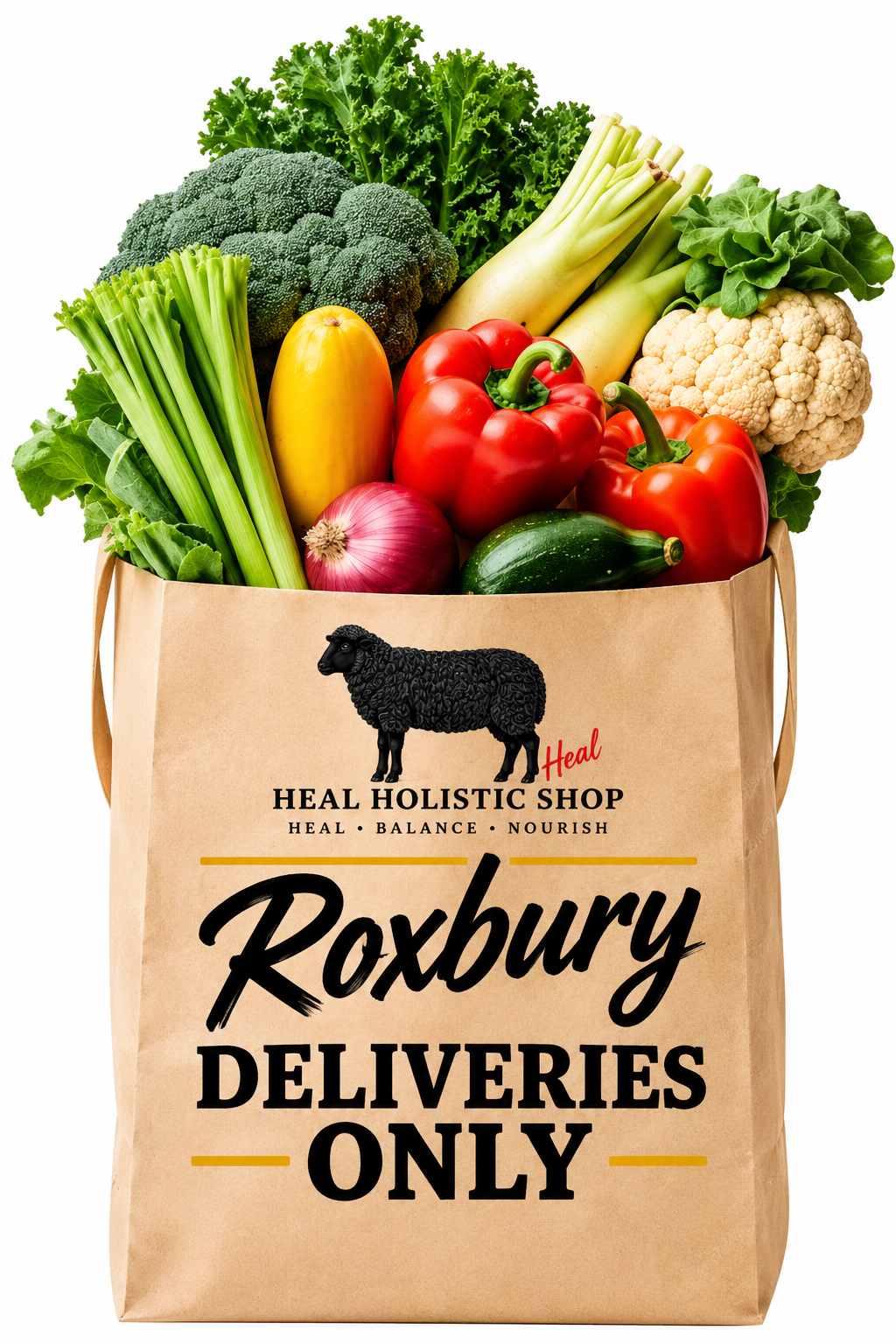 Roxbury Deliveries bag filled with fresh vegetables