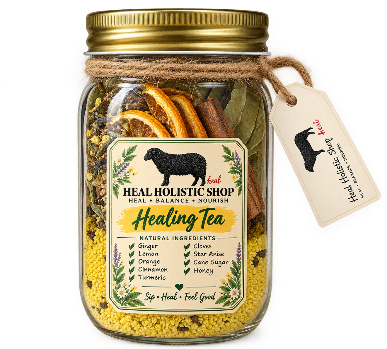 Healing Tea jar with natural ingredients